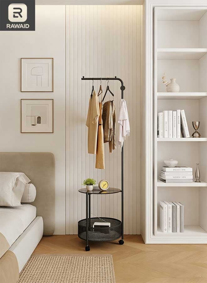RAWAID Metal Clothes Rack Tree, Coat Rack with Side Table Basket and Wheels,Coat Rack with Stands, Industrial Style,Floor Hallway Cabinet with 3 Hooks for Clothes, Hats, Bags 40x40x175cm - Image 1